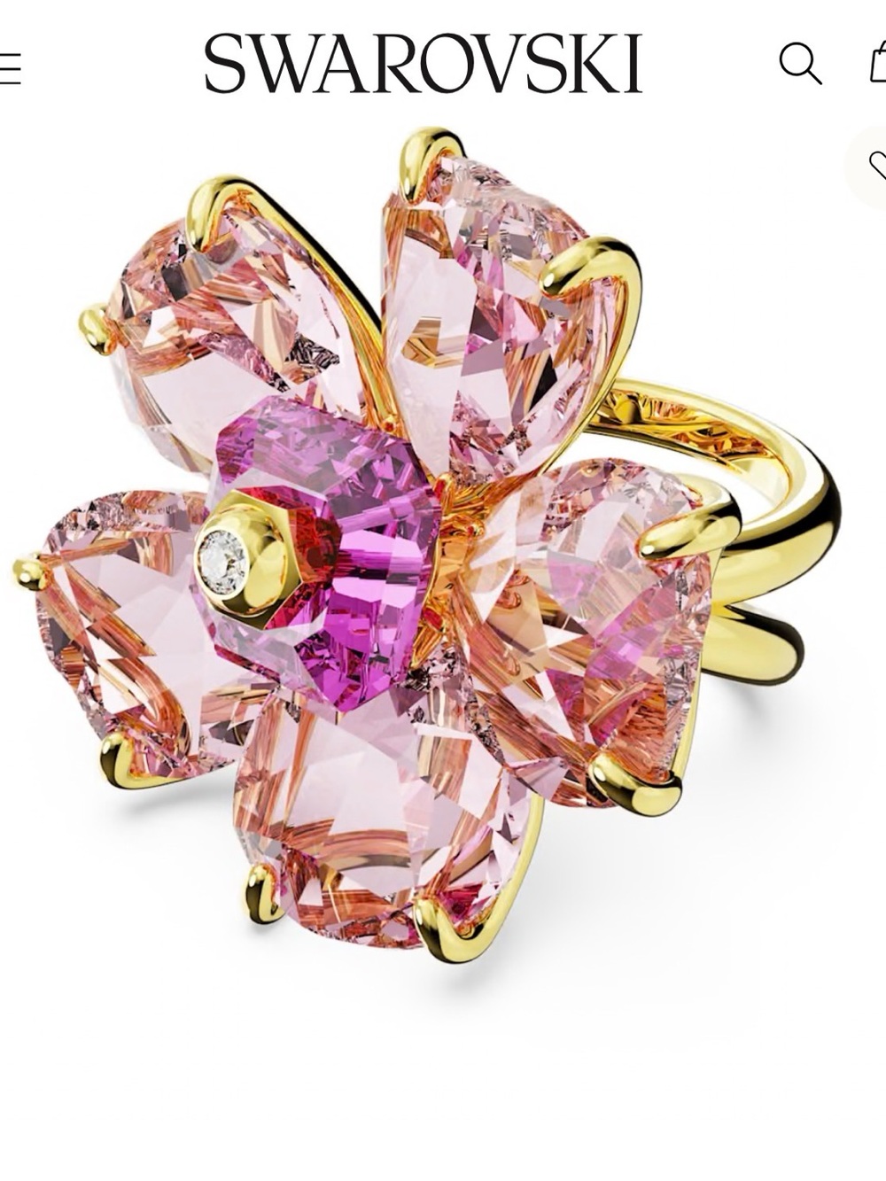 Idyllia Cocktail Ring Swarovski Pink Floral Crystal Ring in Gold-Tone Setting